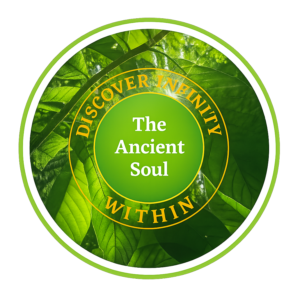 The Ancient Soul logo with leafy background, featuring the organization name in the center and motto 'Discover Infinity Within' on the outer circle